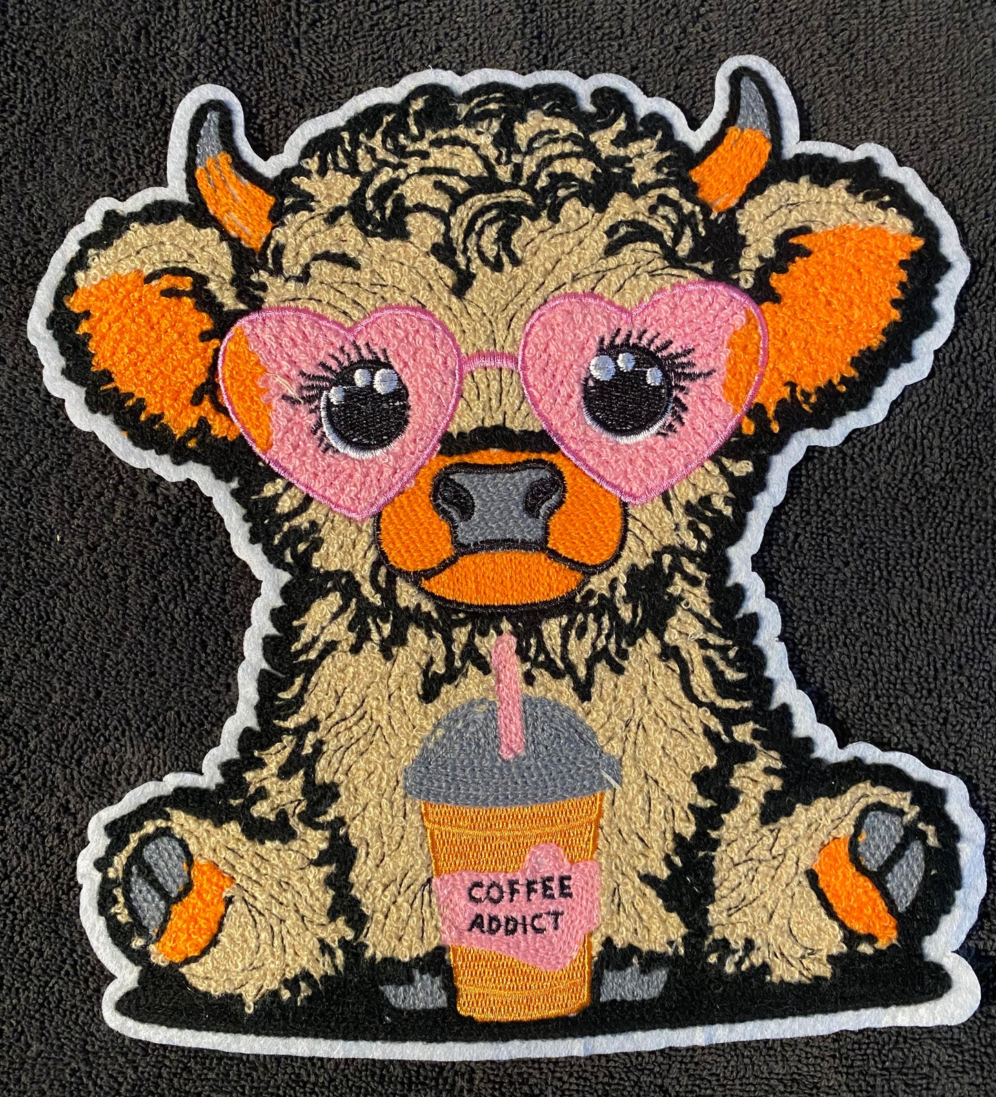 Coffee Addict Cow- Chenille Patches