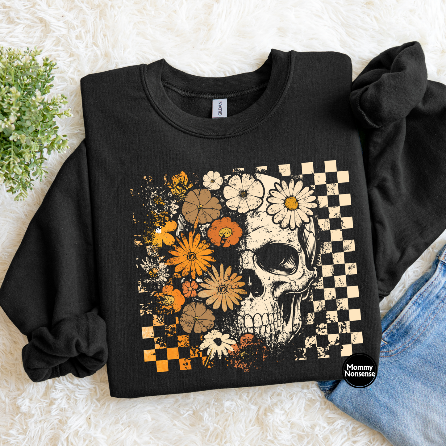 Fall Skull Floral Checkered- DTF TRANSFER (K15) DTF Transfer