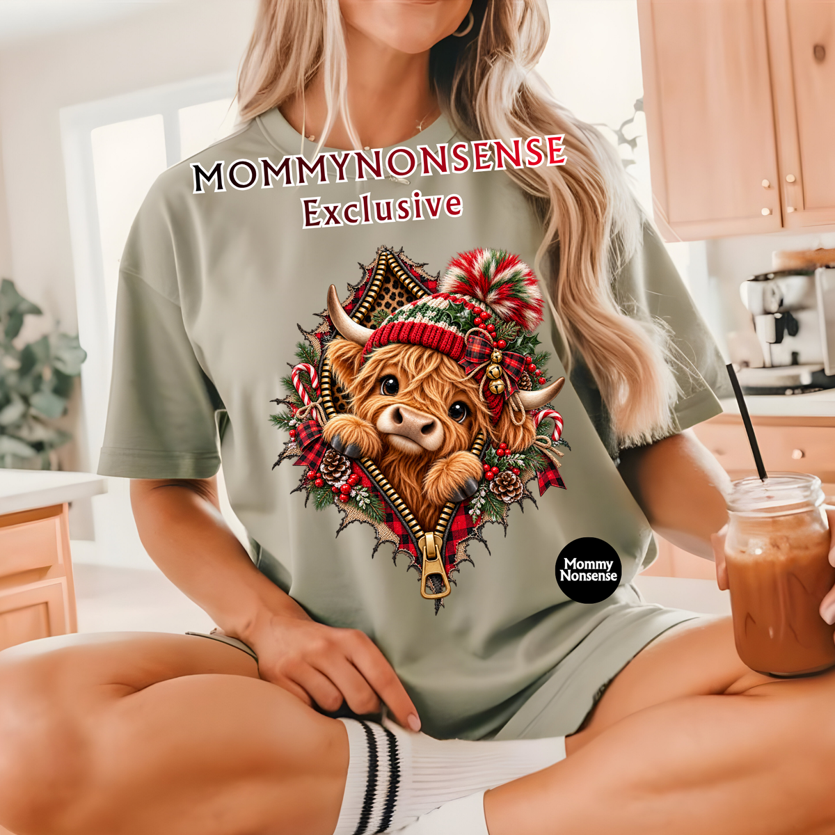 Christmas Highlander cow coming out of zipper- DTF TRANSFER (M182) DTF Transfer