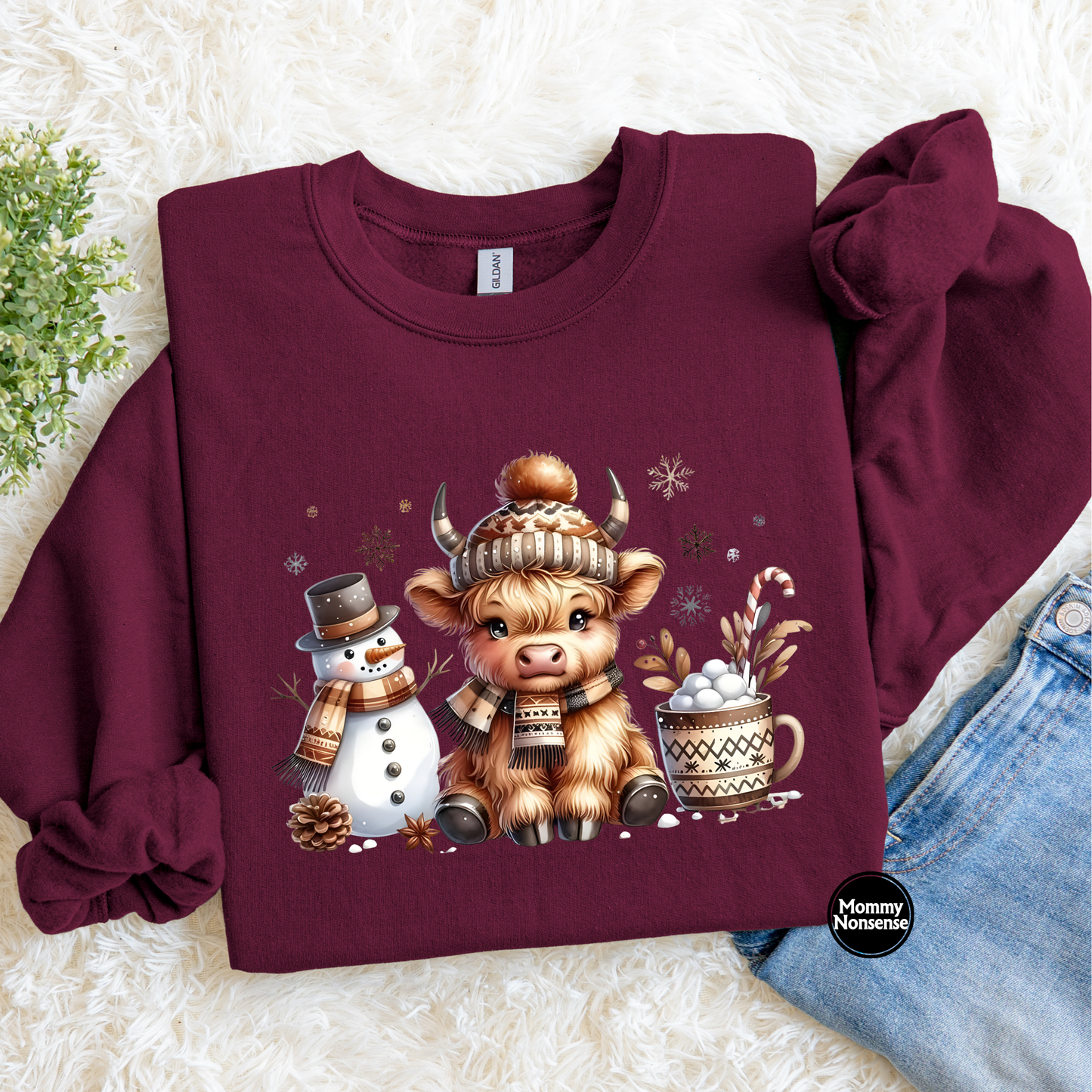 Highland Cow with Snowman and hot cocoa- DTF TRANSFER (L122) DTF Transfer