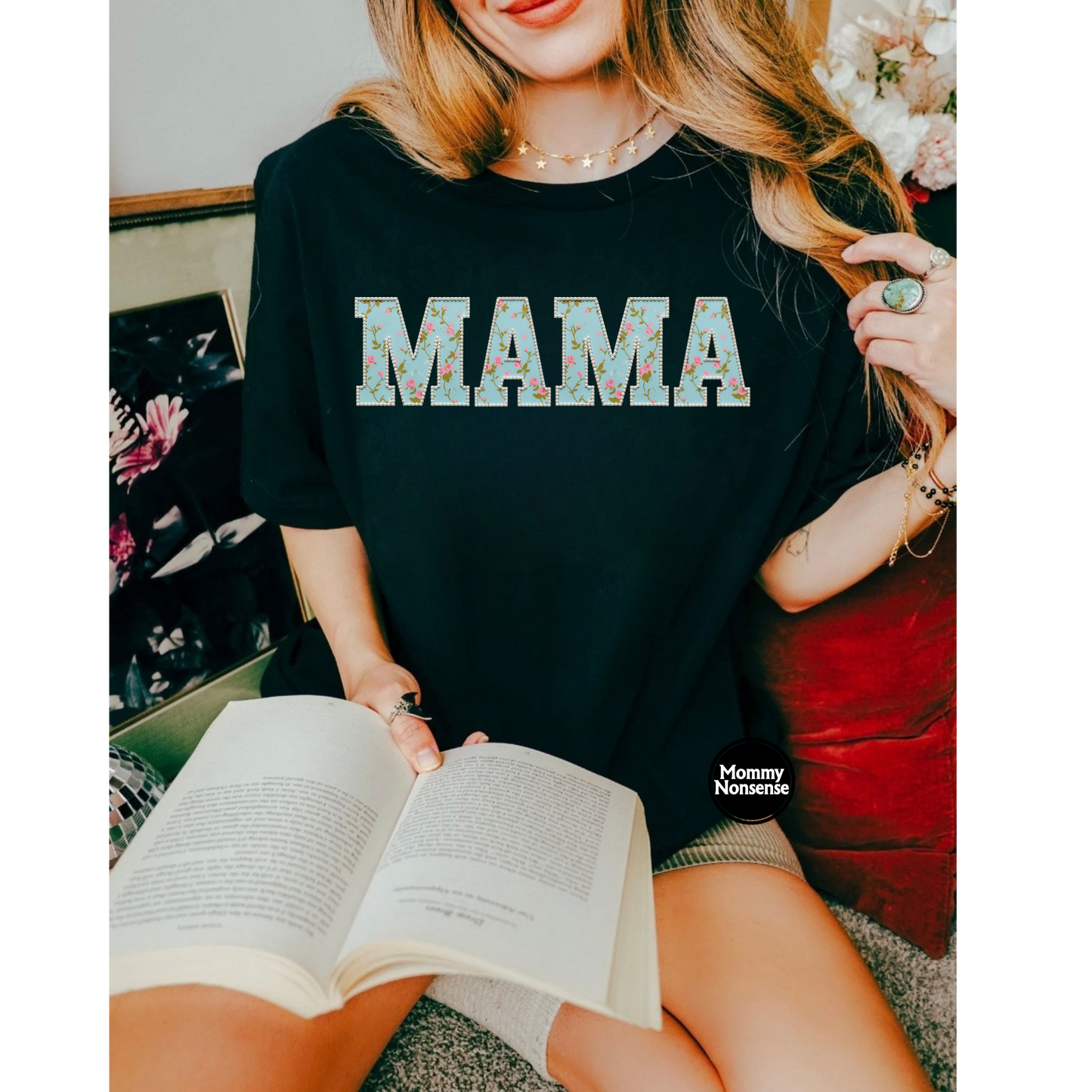 blue floral MAMA with pearl outline- DTF TRANSFER (L562) DTF Transfer