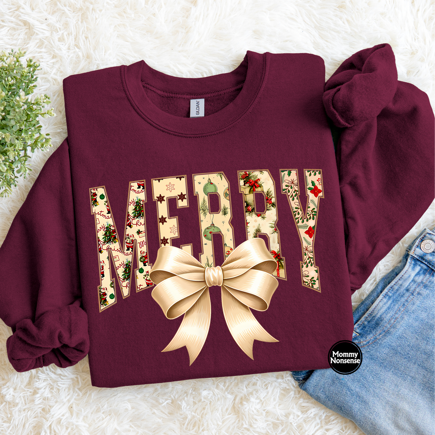 Merry white bow - DTF TRANSFER (L146) DTF Transfer