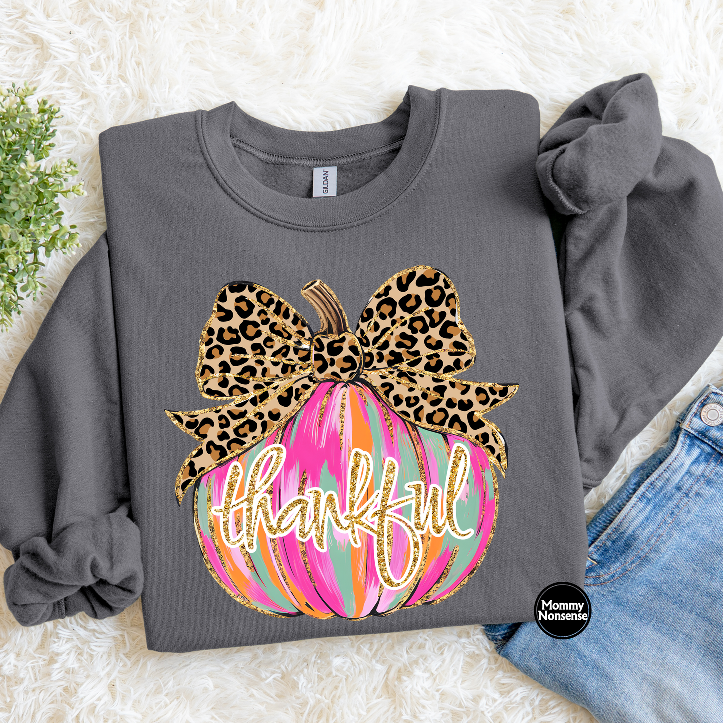 Thankful Bright Pumpkin with Cheetah Print Bow- DTF TRANSFER (K85) DTF Transfer