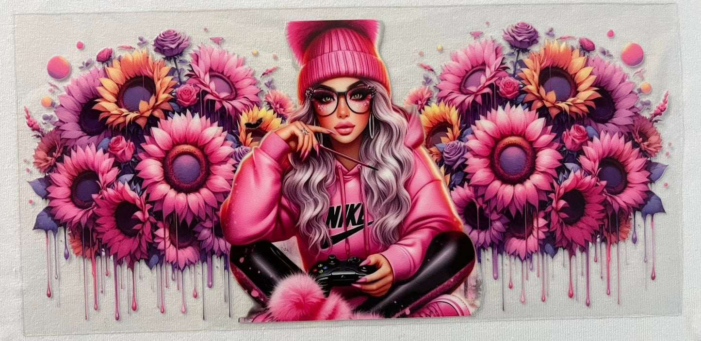 pink girl with swoosh and flowers