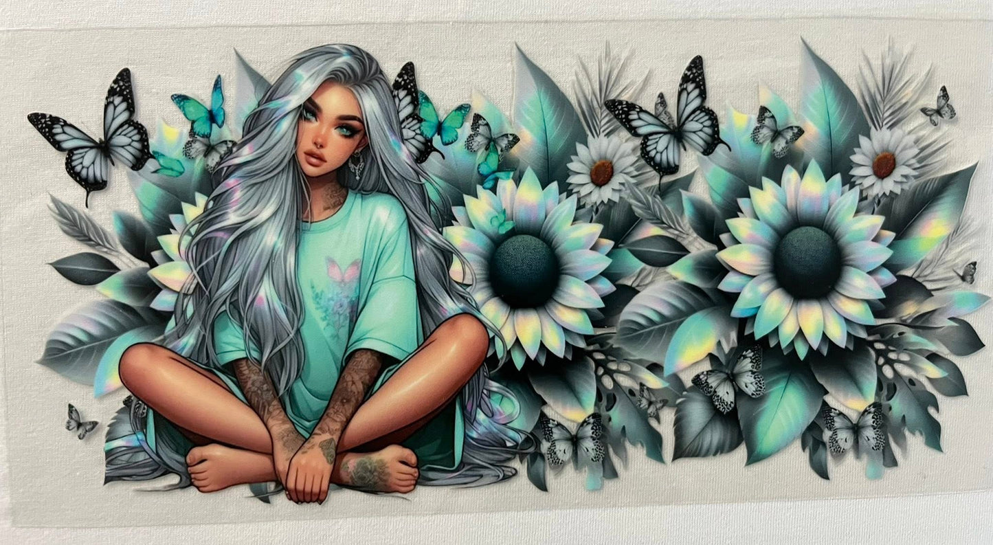 girl with blue flowers and butterflies anime look