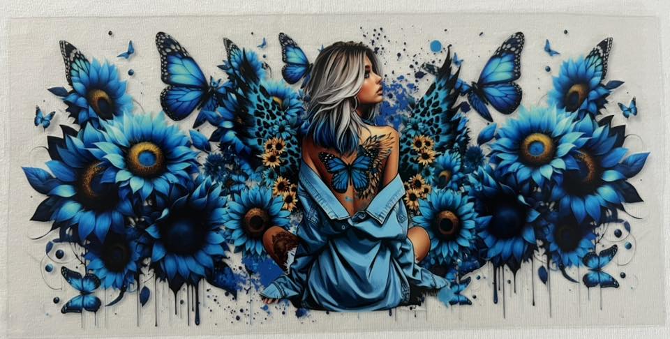 girl with butterflies and blue flowers