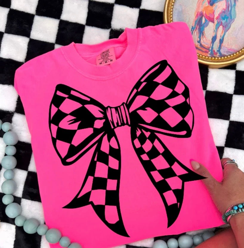 checkered bow- screen print transfer (Q7) HOT PEEL