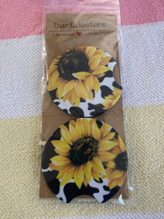 Sunflower cow print - Neoprene Car Coasters