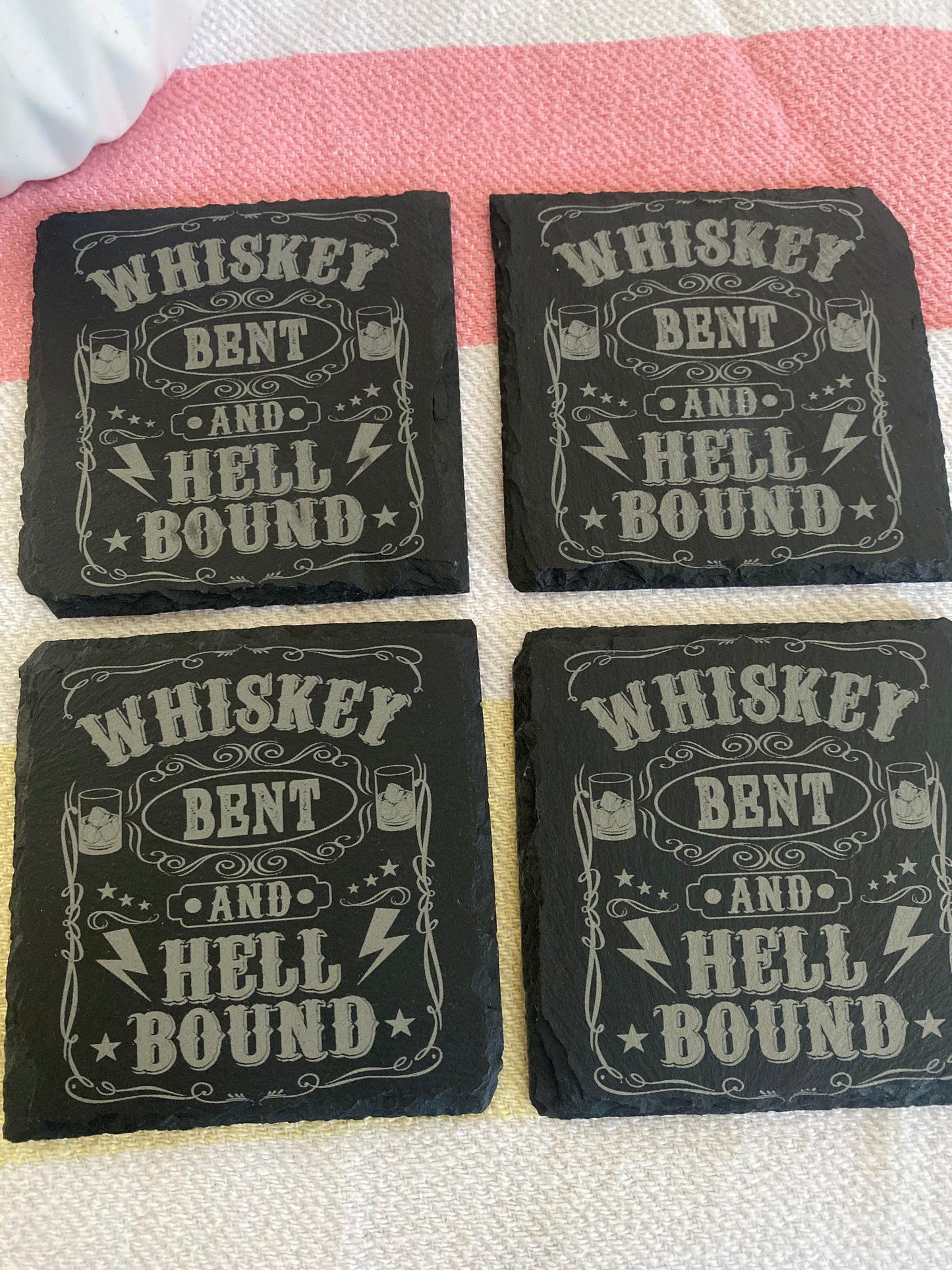 Whiskey Bent And Hellbound Slate Rock Coasters Set of 4