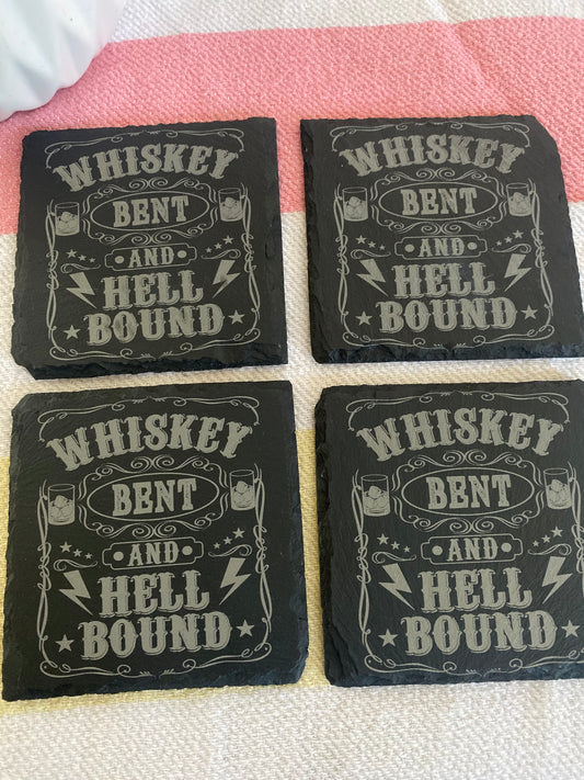 Whiskey Bent And Hellbound Slate Rock Coasters Set of 4