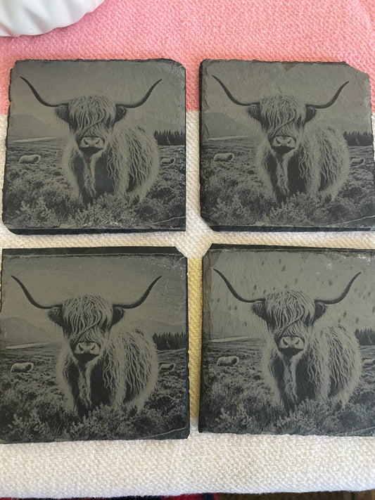 Highlander Cow Slate Rock Coasters Set of 4