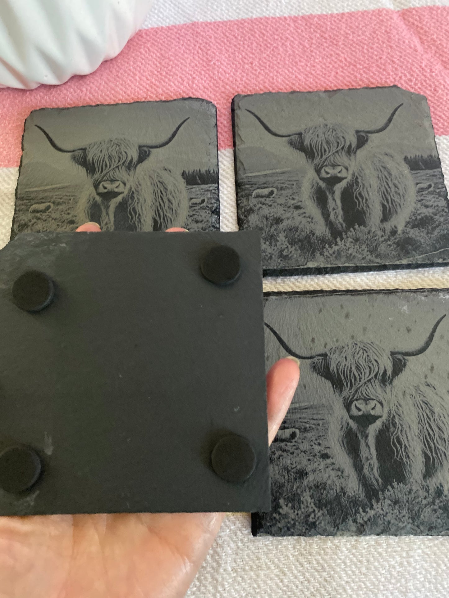 Highlander Cow Slate Rock Coasters Set of 4