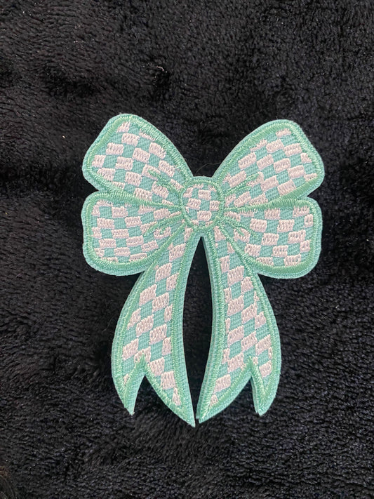 Teal blue checkered bow Hat Patch- Chenille Patches
