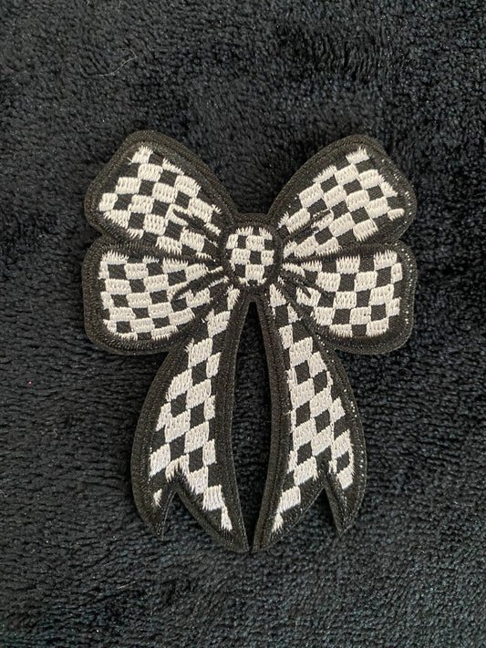 Blk and White checkered bow Hat Patch- Chenille Patches