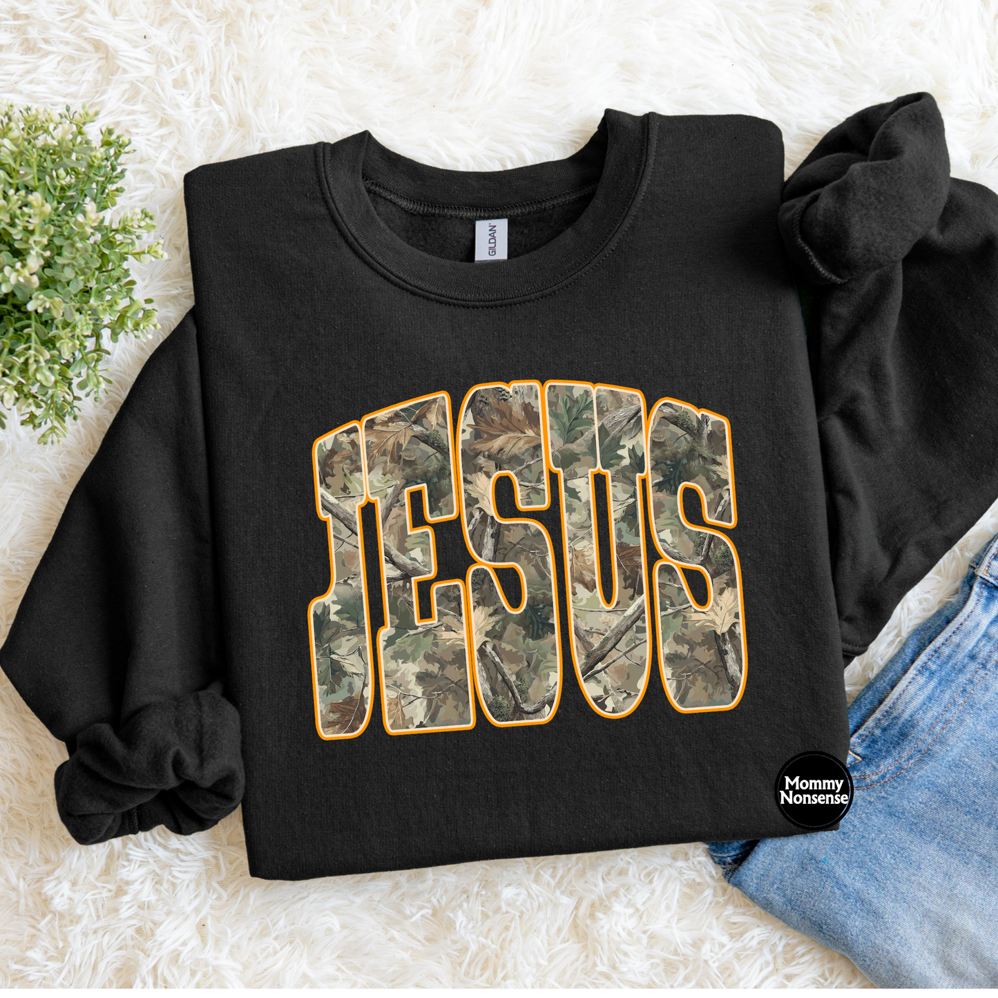 Jesus camo outlined in orange- DTF TRANSFER (K97) DTF Transfer
