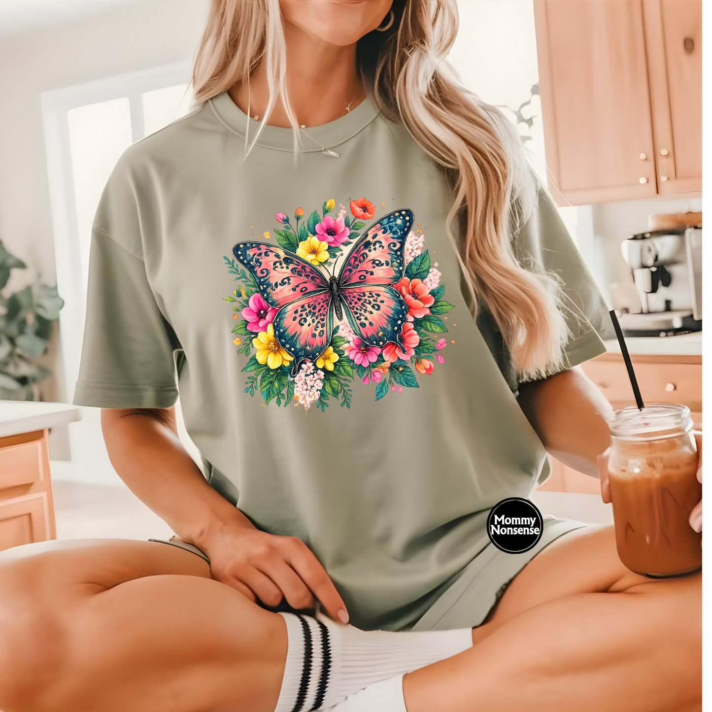 Peach colored butterfly and flowers- DTF TRANSFER (L795) DTF Transfer