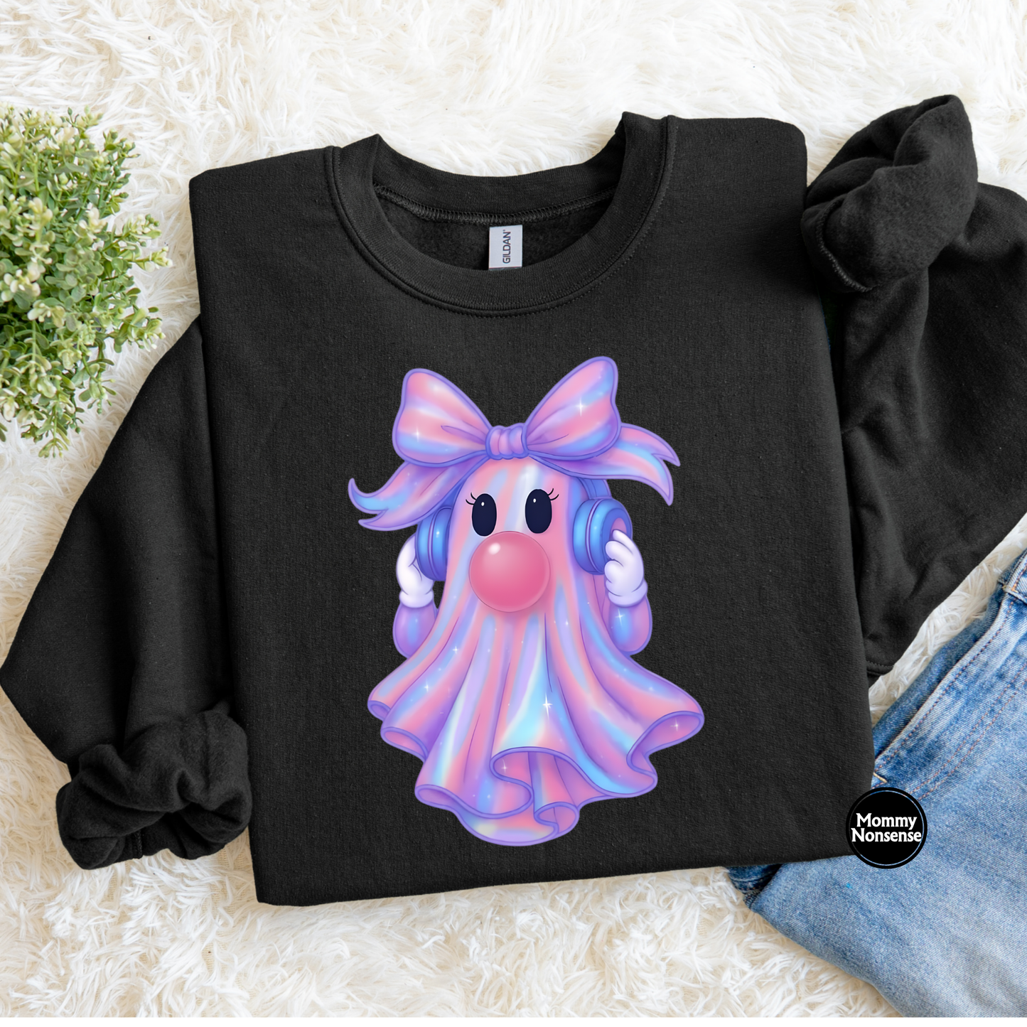 Iridescent Ghost with bubblegum and Headphones- DTF TRANSFER (L65) DTF Transfer