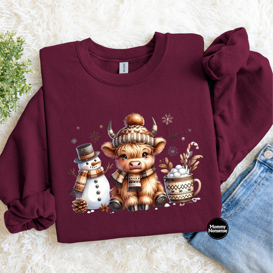 Highland Cow with Snowman and hot cocoa- DTF TRANSFER (L122) DTF Transfer