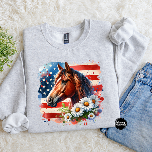 Horse with Flag and Daisies - DTF TRANSFER (L356) DTF Transfer