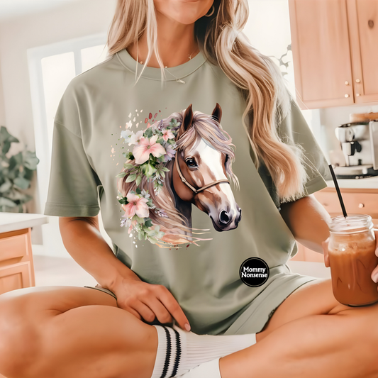 Horse with Pastel Flowers- DTF TRANSFER (L58) DTF Transfer
