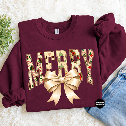 Merry white bow - DTF TRANSFER (L146) DTF Transfer