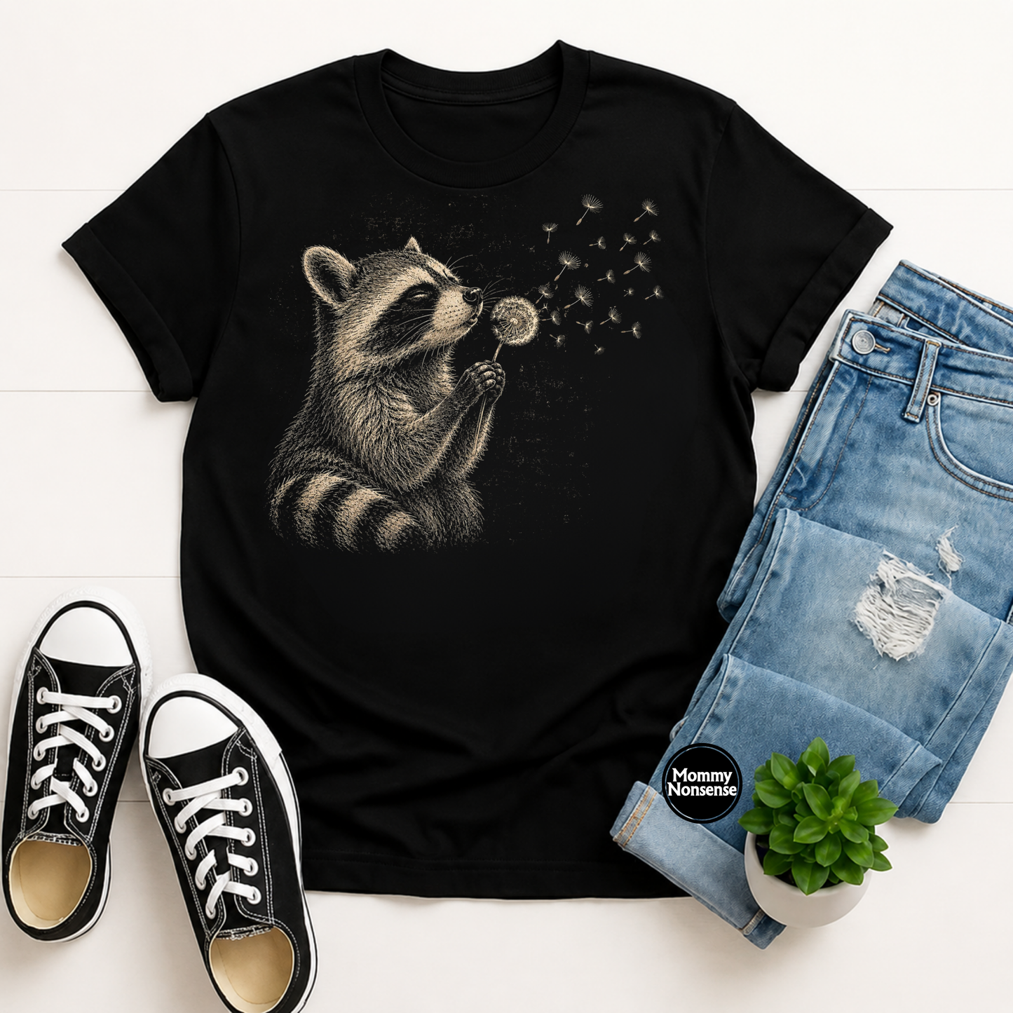 Raccoon blowing a dandelion- DTF TRANSFER (L793) DTF Transfer