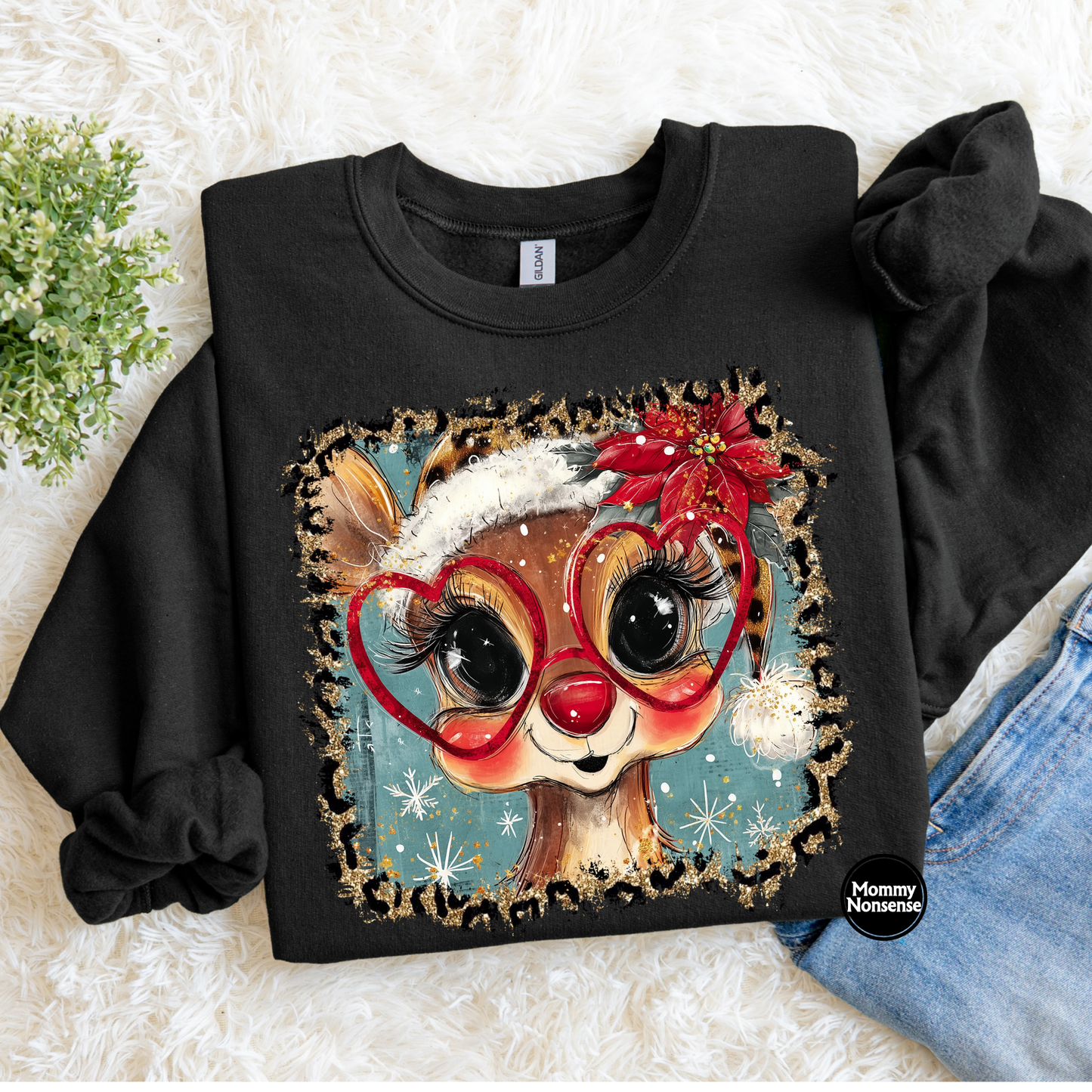 Reindeer with glasses leopard print frame- DTF TRANSFER (L25) DTF Transfer