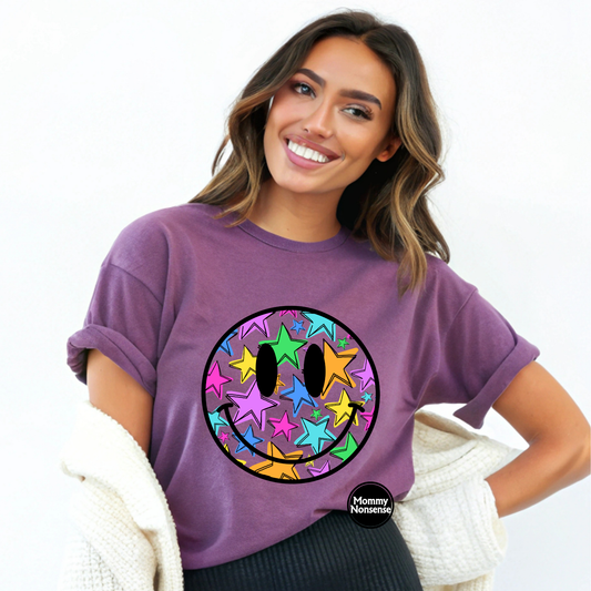 Transparent Smiley with stars -DTF TRANSFER (J19) DTF Transfer