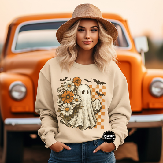 retro Ghost with flowers and bats -DTF TRANSFER (H79) DTF Transfer