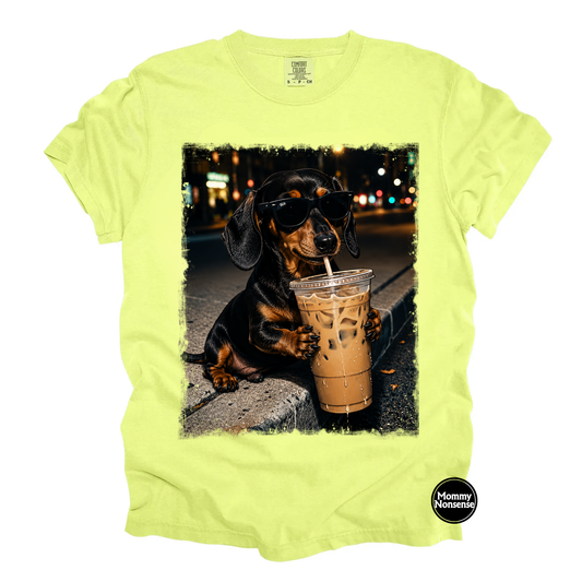 Weiner Dog Drinking iced coffee- DTF TRANSFER (L875) DTF Transfer